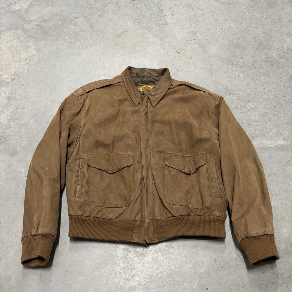 Vintage Cayenne Leather Bomber Jacket Brown Full Zip Size Large Made in Korea